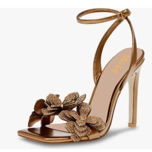 miss left Gold Rhinestones Stiletto Heel Sandals with Strap Buckle Flower Shoes